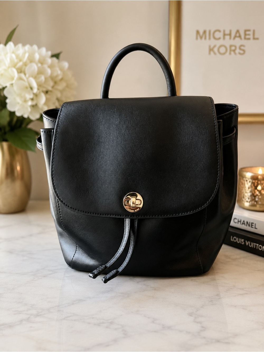 Michael Kors Black Leather Flap Backpack with Gold-Tone Turn Lock